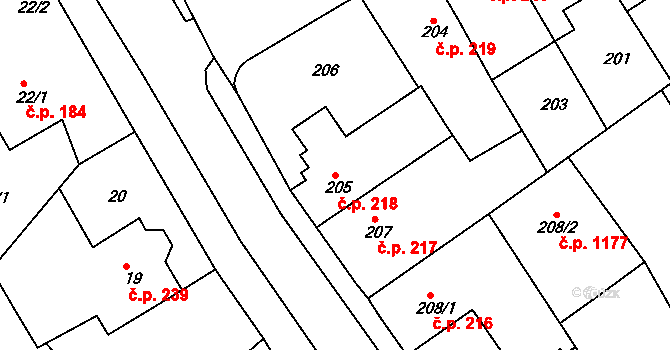 Rousínov 218 na parcele st. 205 v KÚ Rousínov u Vyškova, Katastrální mapa