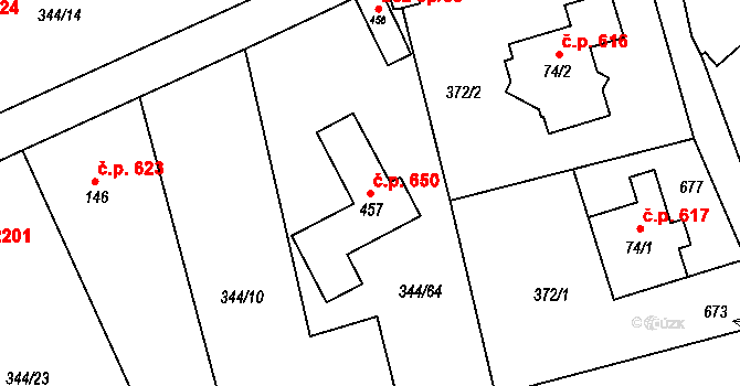 Struhařov 650, Kamenice na parcele st. 457 v KÚ Štiřín, Katastrální mapa