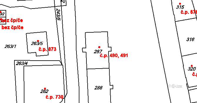 Kynšperk nad Ohří 490,491 na parcele st. 287 v KÚ Kynšperk nad Ohří, Katastrální mapa