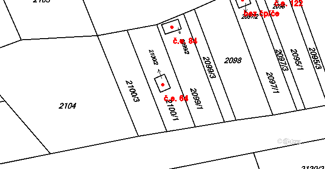 Velká Bystřice 64 na parcele st. 2100/2 v KÚ Velká Bystřice, Katastrální mapa
