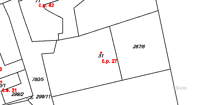 Roželov 27, Hvožďany na parcele st. 31 v KÚ Roželov, Katastrální mapa