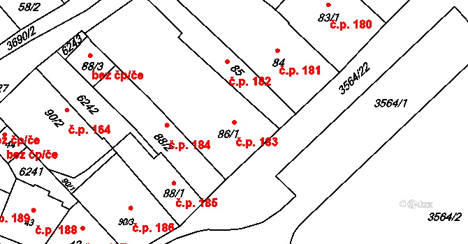 Rožnov pod Radhoštěm 183 na parcele st. 86/1 v KÚ Rožnov pod Radhoštěm, Katastrální mapa