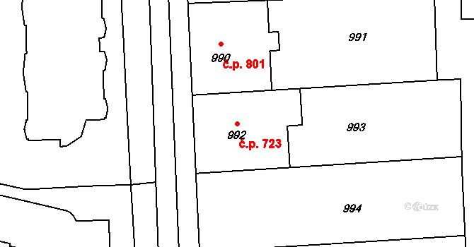 Valašské Meziříčí 723 na parcele st. 992/1 v KÚ Valašské Meziříčí-město, Katastrální mapa