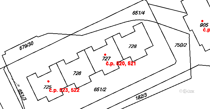 Strakonice II 520,521, Strakonice na parcele st. 727 v KÚ Nové Strakonice, Katastrální mapa