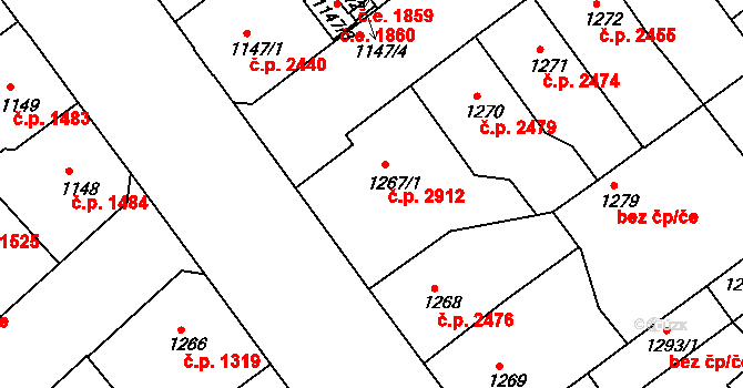 Teplice 2912 na parcele st. 1267/1 v KÚ Teplice, Katastrální mapa
