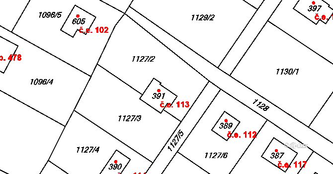 Skalice 113, Frýdek-Místek na parcele st. 391 v KÚ Skalice u Frýdku-Místku, Katastrální mapa