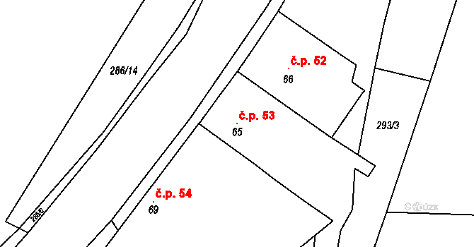 Dolní Chvatliny 53 na parcele st. 65 v KÚ Dolní Chvatliny, Katastrální mapa