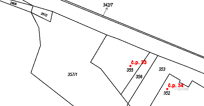 Hrdlořezy 33, Suchdol nad Lužnicí na parcele st. 355 v KÚ Hrdlořezy u Suchdola nad Lužnicí, Katastrální mapa