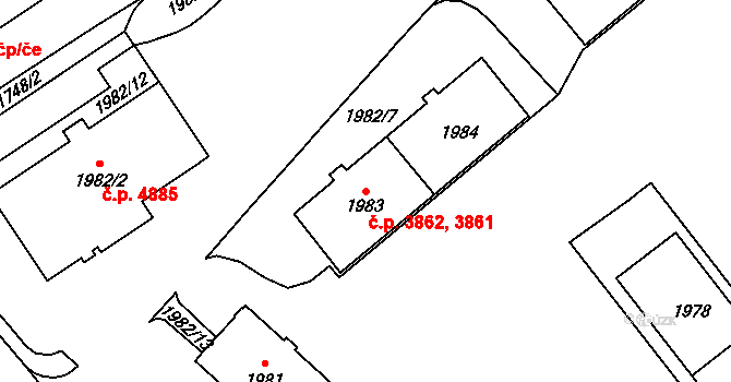 Chomutov 3861,3862 na parcele st. 1984 v KÚ Chomutov I, Katastrální mapa
