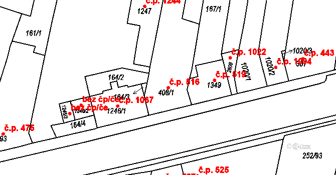 Rosice 516 na parcele st. 408/1 v KÚ Rosice u Brna, Katastrální mapa