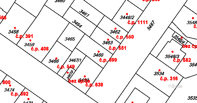 Lobzy 599, Plzeň na parcele st. 3468 v KÚ Plzeň, Katastrální mapa