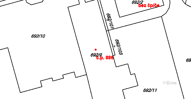 Šumbark 886, Havířov na parcele st. 692/9 v KÚ Šumbark, Katastrální mapa