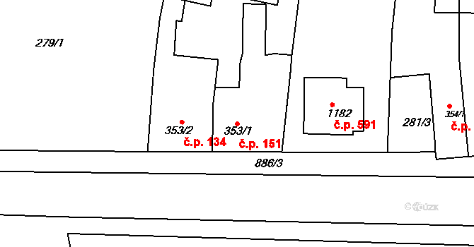 Litovel 151 na parcele st. 353/1 v KÚ Litovel, Katastrální mapa