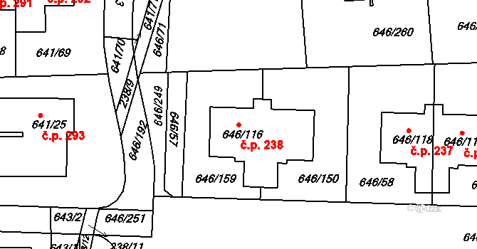 Česká 238 na parcele st. 646/116 v KÚ Česká, Katastrální mapa