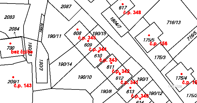 Ryžoviště 343 na parcele st. 610 v KÚ Ryžoviště, Katastrální mapa