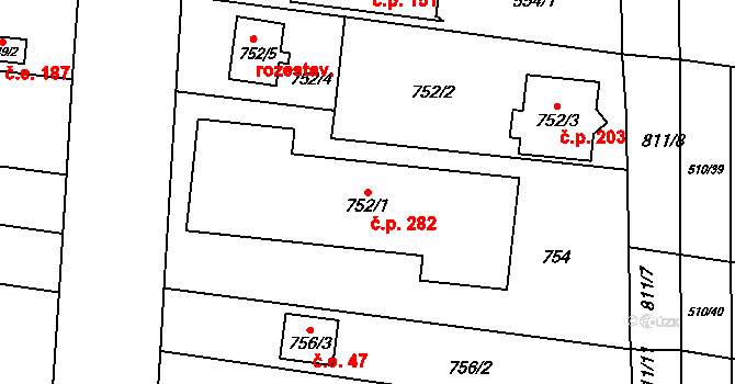 Přízřenice 282, Brno na parcele st. 752/1 v KÚ Přízřenice, Katastrální mapa