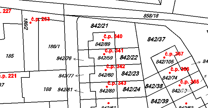Mochov 341 na parcele st. 842/59 v KÚ Mochov, Katastrální mapa