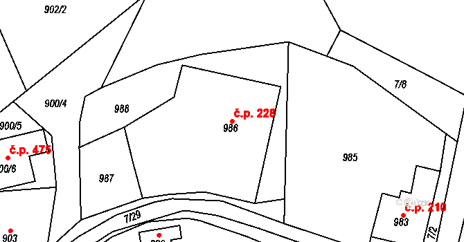 Zádveřice 228, Zádveřice-Raková na parcele st. 986 v KÚ Zádveřice, Katastrální mapa