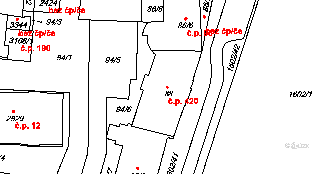 Milevsko 420 na parcele st. 88 v KÚ Milevsko, Katastrální mapa