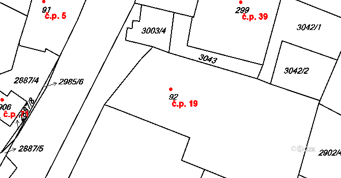Tlucná 19, Horní Bělá na parcele st. 92 v KÚ Horní Bělá, Katastrální mapa
