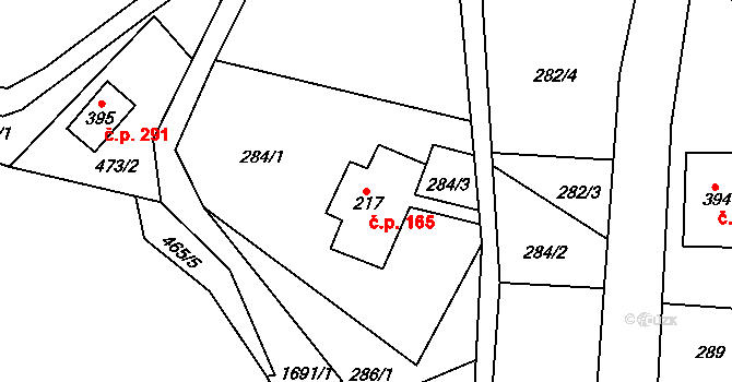 Lipová 165 na parcele st. 217 v KÚ Lipová u Šluknova, Katastrální mapa