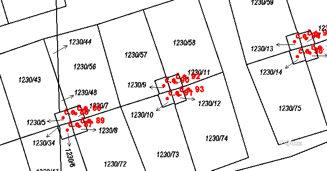 Vejprnice 90 na parcele st. 1230/9 v KÚ Vejprnice, Katastrální mapa