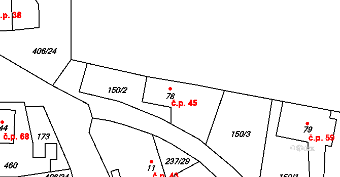 Veleboř 45, Klopina na parcele st. 78 v KÚ Veleboř, Katastrální mapa