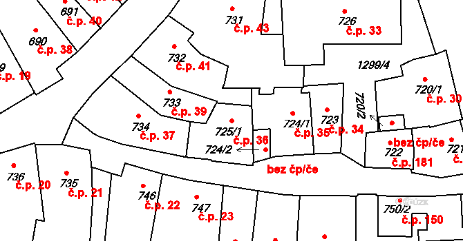 Latrán 36, Český Krumlov na parcele st. 725/1 v KÚ Český Krumlov, Katastrální mapa