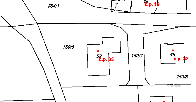 Dolní Miletín 35, Lišov na parcele st. 52 v KÚ Dolní Miletín, Katastrální mapa