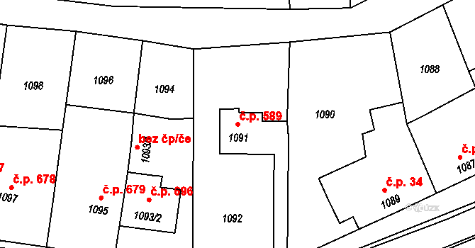 Klobouky u Brna 589 na parcele st. 1091 v KÚ Klobouky u Brna, Katastrální mapa