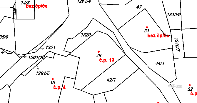 Soběsuky 13, Neurazy na parcele st. 79 v KÚ Soběsuky u Nepomuka, Katastrální mapa