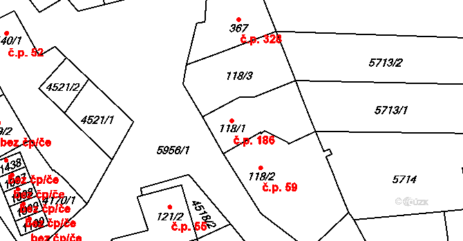Hrušovany nad Jevišovkou 186 na parcele st. 118/1 v KÚ Hrušovany nad Jevišovkou, Katastrální mapa