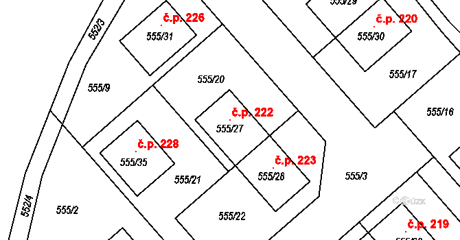 Srby 222, Tuchlovice na parcele st. 555/27 v KÚ Srby u Tuchlovic, Katastrální mapa