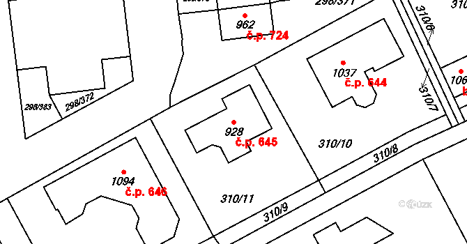Horoměřice 645 na parcele st. 928 v KÚ Horoměřice, Katastrální mapa