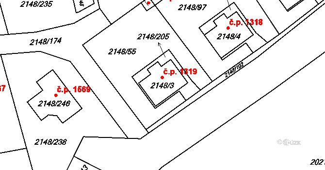 Nový Bor 1319 na parcele st. 2148/3 v KÚ Nový Bor, Katastrální mapa