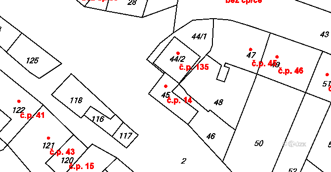 Horní Lhota 14, Blansko na parcele st. 45 v KÚ Horní Lhota u Blanska, Katastrální mapa