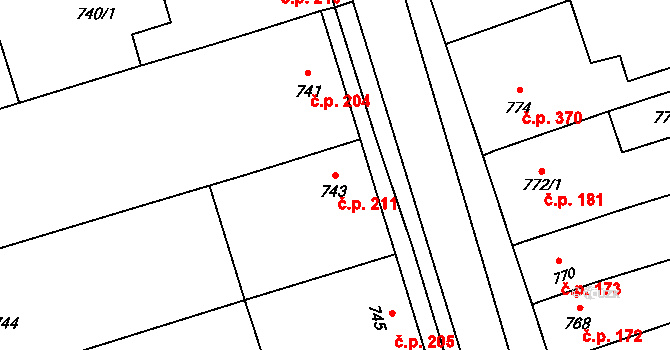 Horka nad Moravou 211 na parcele st. 743 v KÚ Horka nad Moravou, Katastrální mapa