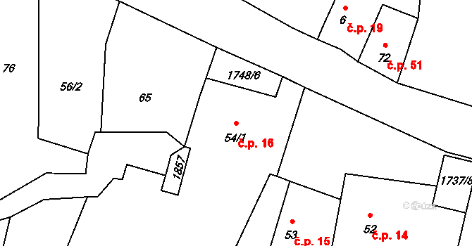 Hořovičky 16 na parcele st. 54/1 v KÚ Hořovičky, Katastrální mapa