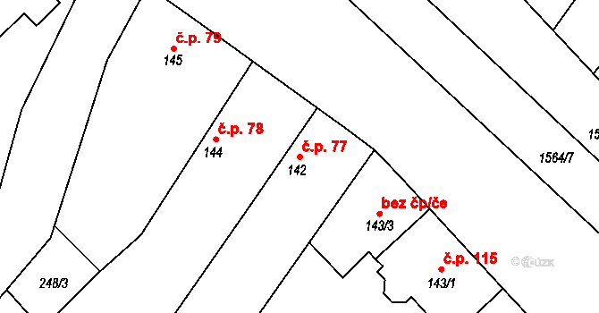 Brozany nad Ohří 77 na parcele st. 142 v KÚ Brozany nad Ohří, Katastrální mapa