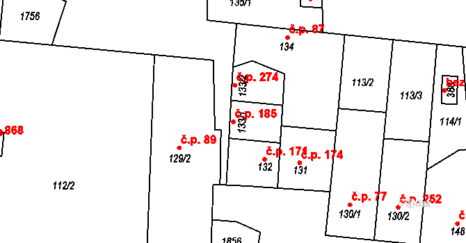 Libochovice 185 na parcele st. 133/1 v KÚ Libochovice, Katastrální mapa
