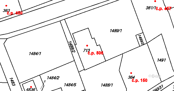 Rožnov pod Radhoštěm 506 na parcele st. 713 v KÚ Rožnov pod Radhoštěm, Katastrální mapa