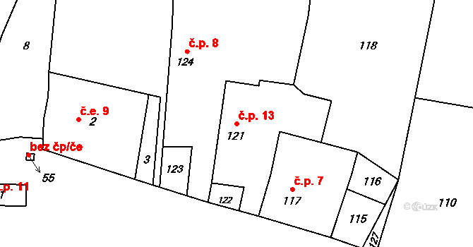 Sejcká Lhota 13, Chotilsko na parcele st. 121 v KÚ Sejcká Lhota, Katastrální mapa