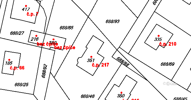 Kameničky 217 na parcele st. 351 v KÚ Kameničky, Katastrální mapa