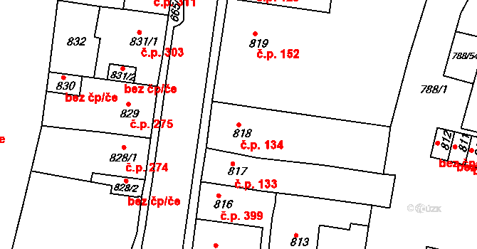 Proboštov 134 na parcele st. 818 v KÚ Proboštov u Teplic, Katastrální mapa