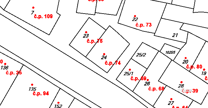 Panenský Týnec 74 na parcele st. 24 v KÚ Panenský Týnec, Katastrální mapa