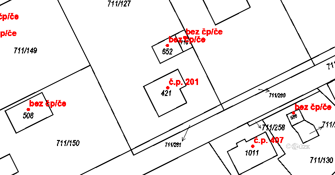 Daliměřice 201, Turnov na parcele st. 421 v KÚ Daliměřice, Katastrální mapa