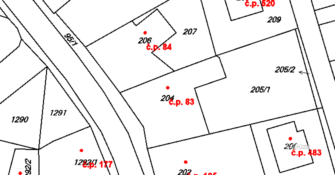 Jablůnka 83 na parcele st. 204 v KÚ Jablůnka, Katastrální mapa