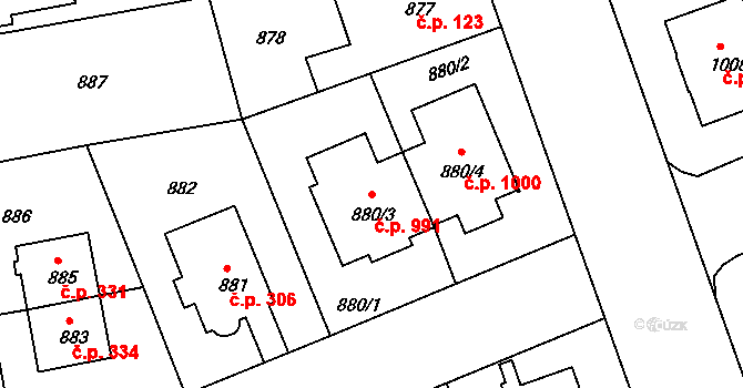 Lhotka 991, Praha na parcele st. 880/3 v KÚ Lhotka, Katastrální mapa
