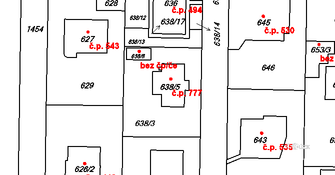 Dolní Chabry 777, Praha na parcele st. 638/5 v KÚ Dolní Chabry, Katastrální mapa