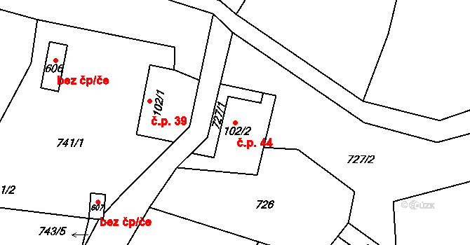 Halouny 44, Svinaře na parcele st. 102/2 v KÚ Svinaře, Katastrální mapa